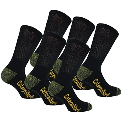 Image of Caterpillar 6 Pairs Diabetic Work Socks, Better Circulation, Moisture Wicking, Non Binding, Reinforced Heel Toe, Cotton, Flat Toe (Black, 9)