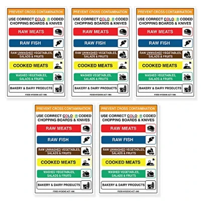 Image of Pack of 5 Chopping Board Colour Sign Self Adhesive Waterproof Vinyl Knife Sticker 200mmx300mm V1183