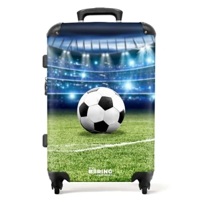 Image of NoBoringSuitcases.com® Children&#039;s Luggage Kids Suitcase for Boys Large Hard Shell Trolley on Wheels Black White Football in Stadium 26&quot; 28&quot; 23kg