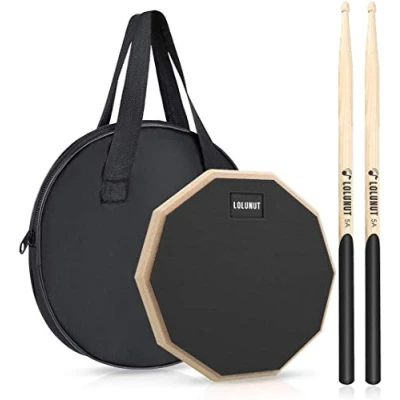 Image of LOLUNUT Dumb Drum Practice Pad,2 sided Silent Pad Soft Rubber Wooden Base Stand with Solid Wood Sticks (8&#039;&#039; Black)