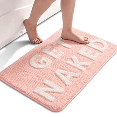 Image of QJHOMO Get Naked Bath Mat Pink and White Bathroom Mats 40 x 60 cm, Non Slip for Bathroom, Colourful Letters Soft Microfiber mat, Machine Washable Rug