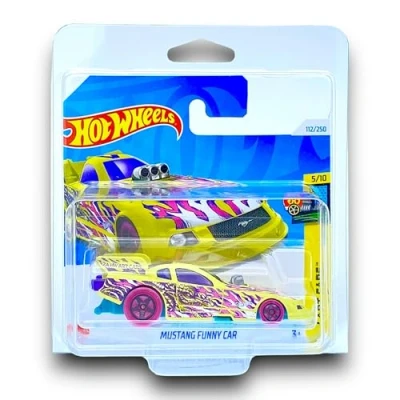 Image of Hot Wheels Mustang Funny Car (Yellow, Purple, Pink &amp; White) 5/10 HW Art Cars 2024 112/250 (Short Card) includes a KLAS Keeper Protector Case HTD55