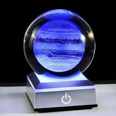 Image of Ornalrist 80mm 3D Engraved Jupiter K9 Crystal Ball with Silver LED Base Solar System Planets Glass Globe Model Astronomy Gifts for Astronomer, Crazy Fans of Universe (Jupiter)