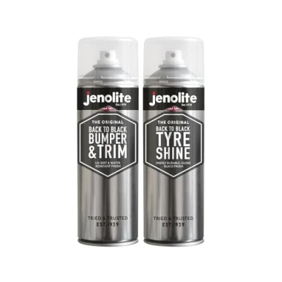 Image of JENOLITE Back To Black Aerosol Twin Pack Bumper &amp; Trim + Tyre Shine Restores and Protects Faded Bumpers, Tyres 2 x 500 ml