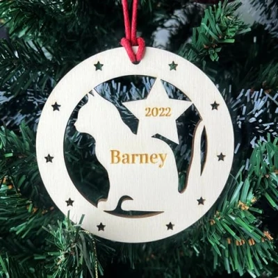 Image of Red Ocean Personalised Cat Bauble Engraved Wooden Tree Decoration Memorial Plaque First Christmas With Gifts