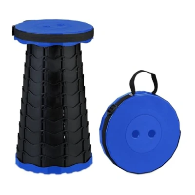 Image of Relaxdays Telescopic Stool, Foldable, Carrying Strap, Outdoor, Adjustable Camping Chair, 44.5 x 25 cm, Blue/Black