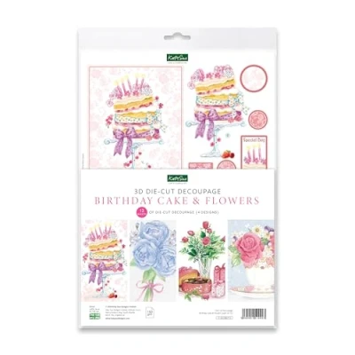 Image of Katy Sue Designs Birthday Cake &amp; Flowers Die Cut Decoupage Sheets for Card Making. A Pack of 12 Floral Themed Cuts Making Supplies