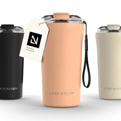 Image of LARS NYSØM Thermo Coffee Mug to Go with Strap 17oz Travel 0.5 Liter Insulation Leak Proof Stainless Steel Thermal for and Tea (Creamy Peach, 500ml)