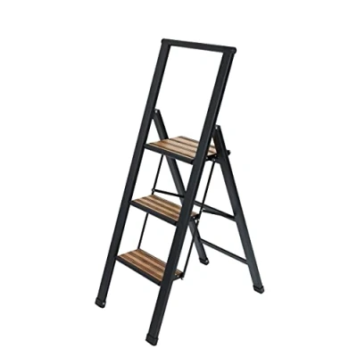 Image of WENKO Lightweight Aluminium Design Folding Step Ladder, 3 Steps, 75 cm Higher, Non Slip XXL 44 x 127 5.5 cm, Black