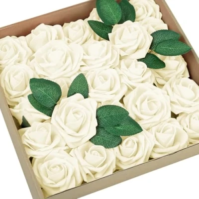 Image of HIYAA Artificial Flowers, 50 Pcs Roses Fake Flowers with Stems,Foam Ivory White for Wedding,Party, Home,Anniversaries,Valentines Day Decorations