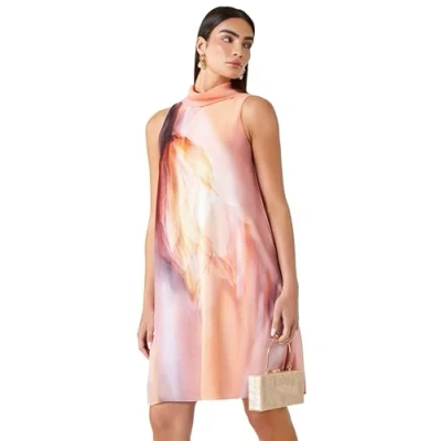 Image of Roman Limited Womens Printed High Neck Shift Dress Peach Size 12 UK