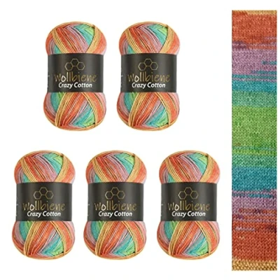 Image of 5 x 100 g Wollbiene Crazy Cotton Batik, 500 with Colour Gradient, 55% Cotton, Multicoloured Knitting Wool, Crochet All Year Wool (6010 Orange Green Mint)