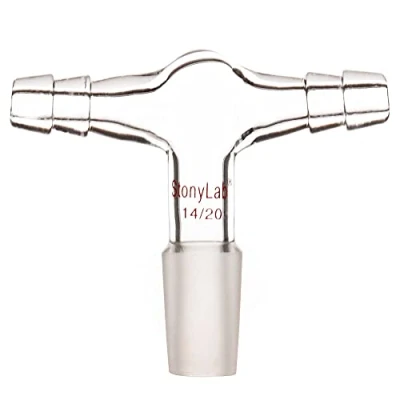 Image of stonylab Glass Dual Hose Inlet Adapter, Borosilicate T Shape Vacuum/Inert Gas Adapter with 3/8 inch Connections and 14/20 Inner Joint