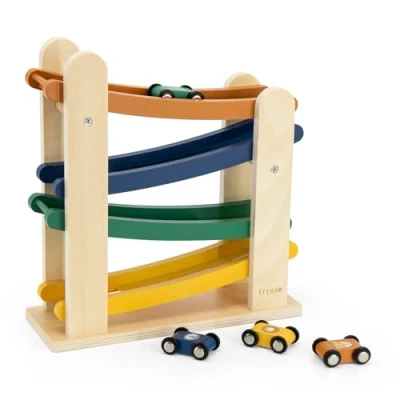 Image of Trixie Wooden Ramp Racer with 4 Cars FSC Certified Wood Racing Track for Kids Fun and Educational Toy Toddlers Preschoolers