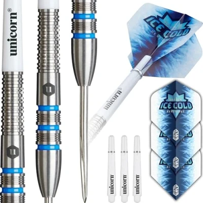 Image of Unicorn Darts Set Contender Darren &#039;Ice Cold&#039; Beveridge 90% Tungsten Barrels with Blue Accents &amp; Intricately Machined Grip Rings Durable Ultrafly Flights Steel Tip Volute Points 26 g