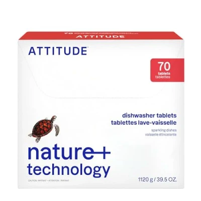 Image of ATTITUDE Dishwasher Pods, Naturally Derived Dishwashing Detergent, Vegan and Plant Based Dish Soap Tablets, Phosphate Free, Unscented, 70 Count