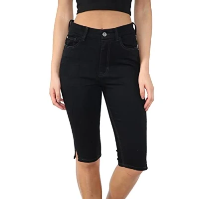Image of MYT Womens High Waist Denim Shorts Ladies Stretch Summer Knee Length Pants Black, 22