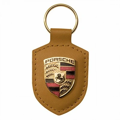 Image of Porsche Original Key Fob Cognac Leather with Metal Colour Crest in Silver Presentation Box