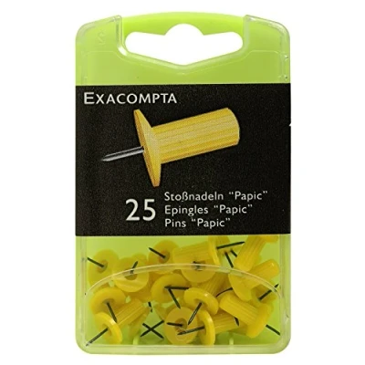 Image of Exacompta Ref 14903E Round Head Pins (Pack of 25) 7mm Width x 10mm Height in Size Suitable for Pinboards or Corkboards Offices, Homes &amp; Businesses Yellow