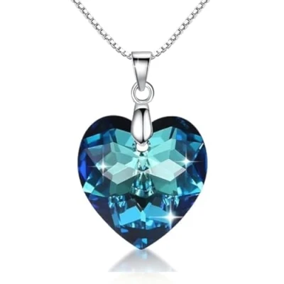 Image of Crystalline Azuria Women 925 Sterling Silver Blue Crystals Heart Pendant Necklace 17.7 inches