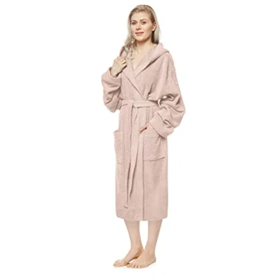 Image of Arus Women&#039;s bathrobe with hood, calf length, 100% cotton terry, women`s size: M, unisex S Powder Pink