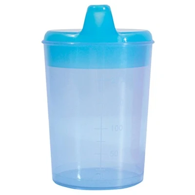 Image of Drinking/Feeding Cup with 2 Spouts and graduated measurements on Side. Narrow Spout for drinking Liquids, Wider more Solid or Blended Food. Easy to hold use. Reduces risk of Spillage.