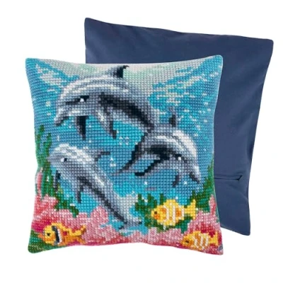 Image of Trimits Cross Stitch Cushion Kit, Back Included, Pre Printed Canvas, Yarn and Needle Included 40 x 40cm (15.75 15.75in), Dolphins