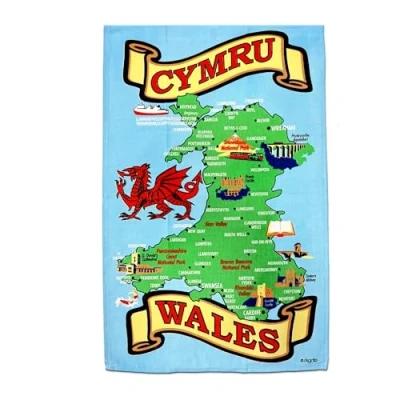 Image of Elgate Welsh Wales Map Tea Towel Souvenir Gift Cymru Rhyl Cardiff Swansea Llandudno Snowdon Dragon