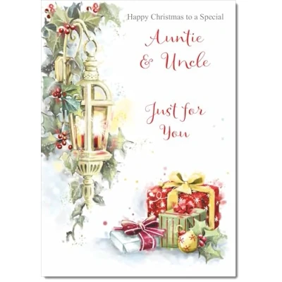 Image of doodlecards Auntie and Uncle Christmas Card Lamp Parcels Medium Size for &amp; with Plain Envelope