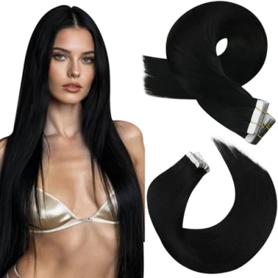 Image of Moresoo Tape in Hair Extensions Human Black Real 18 Inch Jet Remy 20 Pieces/50g #1