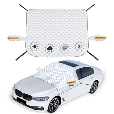 Image of Car Windscreen SunShade Snow Cover, Frost Protector Waterproof with Mirror Covers for SUV, Large Heavy Duty Windshield Ice, Sun, UV Guard. 238 x 148cm