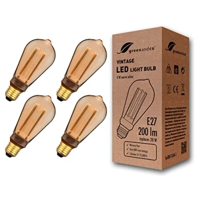 Image of greenandco® E27 ST64 LED Vintage Retro Filament Bulb Edison Style 4W 200lm 1800K 320 230V Glass Bulb, no Flicker, not dimmable, 4 Pack