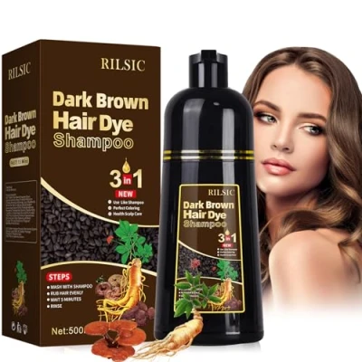 Image of Hair Colour Dark Brown, 500 ml Natural Brown Dye Shampoo for Grey Hair, Instant Shampoo, in Minutes, Long Lasting Men Women