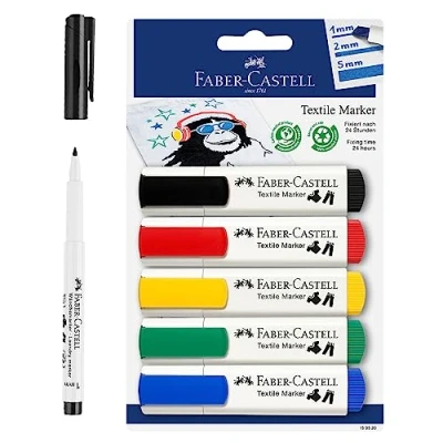 Image of Faber Castell 205066 Textile Marker Set for Light Fabrics, Fabric Pens in 5 Standard Colours and Pen Black