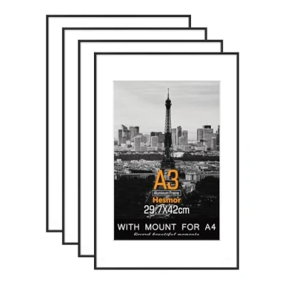 Image of Hesmor Aluminum Acrylic A3 Picture Frame in Black, Photo Frames 12 x 16.5 inch Size with Clear Plexiglass for Wall Mounting, Set of 4 Poster Mount A4 Print