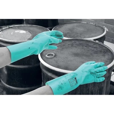 Image of Nitrex 613 Chemical Resistant Safety Gloves, Bag of 10 Pairs, Size 9 Flock Lined Nitrile Gauntlet Gloves
