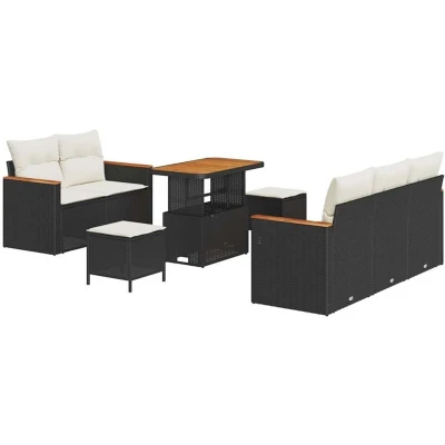 Image of vidaXL 8 Piece Garden Sofa Set with Cushions Black Poly Rattan Acacia