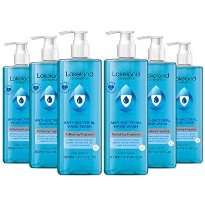 Image of Lakeland Cosmetics antibacterial soap hand wash 500ml bottle with pump dispenser Vegan fragranced anti bacterial liquid wash, made in UK (6x 500ml)