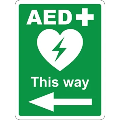 Image of AED Safety sign Automated External Defibrillator this way left directional arrow emergency Self adhesive sticker (200mm x 150mm)