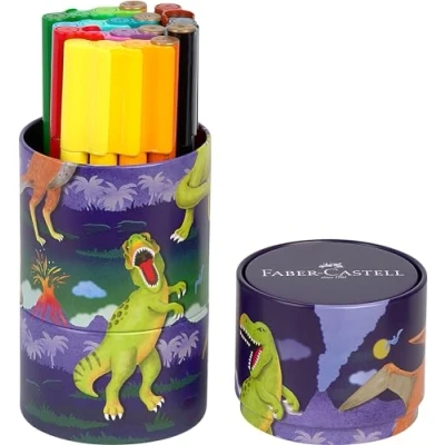 Image of Faber Castell 155546 Felt Tip Pen Set Connector Dino, 20 Metal Box, Washable, Colouring for Children