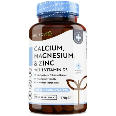 Image of High Strength Calcium Magnesium Zinc and Vitamin D Supplement 365 Tablets (800mg) with D3 Copper Manganese Boron Selenium Complex for Bone, Skin, Muscle &amp; Teeth Nutravita