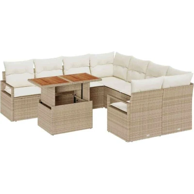 Image of vidaXL 9 Piece Garden Sofa Set with Cushions Beige Poly Rattan