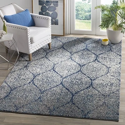 Image of SAFAVIEH Modern Chic Rug for Living Room, Dining Bedroom Madison Collection, Short Pile, in Navy and Silver, 155 X 229 cm