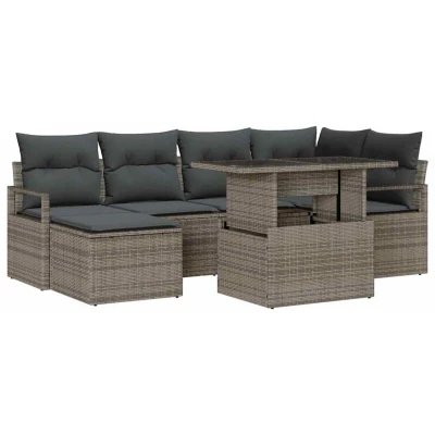 Image of vidaXL 7 Piece Garden Sofa Set with Cushions Grey Poly Rattan