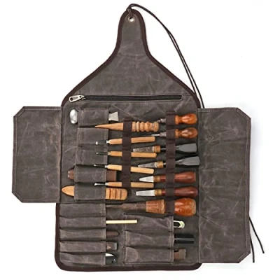 Image of TOURBON Waxed Canvas Roll up Tool Bag Electrician Carpenter Tools Storage Pouch Chisel Organizer