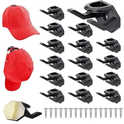 Image of BELLE VOUS 16 Pack of Black Self Adhesive Hat Hooks Wall Mounted Display Holders for Baseball Caps &amp; Hats Minimalist No Drilling Strong Organiser Rack Bedroom Wall, Door, Closet or Office