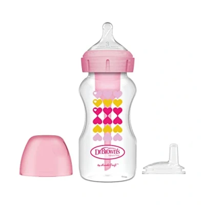 Image of Dr. Brown’s Natural Flow Options+ Sippy Bottle Starter Kit, Wide Neck, 9 oz/270 ml Pink Hearts