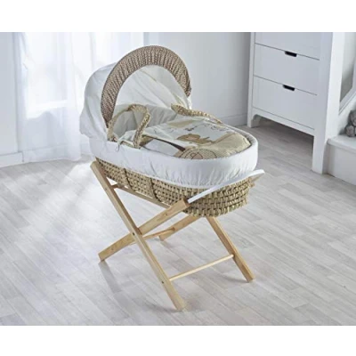 Image of ELEGANT BABY Beary Nice Cream Palm Moses Basket with Natural Folding Stand, Adjustable Hood, Fibre Mattress &amp; Padded Liner