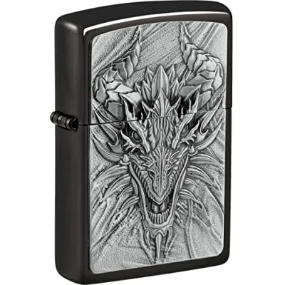 Image of Zippo Lighter Ebony Emblem Metal Dragon 2007663 Flames Chrome Windproof Original