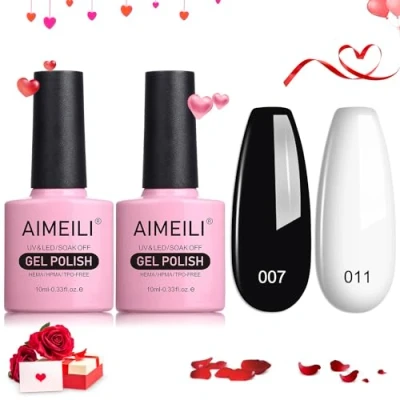 Image of AIMEILI Hema Free White Black Gel Nail Polish, 2pcs 10ml Classic Polish Set Soak off UV LED Varnish DIY Manicure Salon Use Long Lasting &amp; Easy to Apply